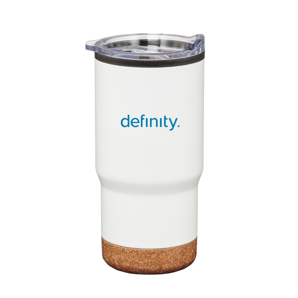 White tumbler with cork base and 'definity' logo on a white background